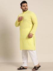 Men's Pure Cotton Yellow Kurta with White Embroidery and White Pyjama