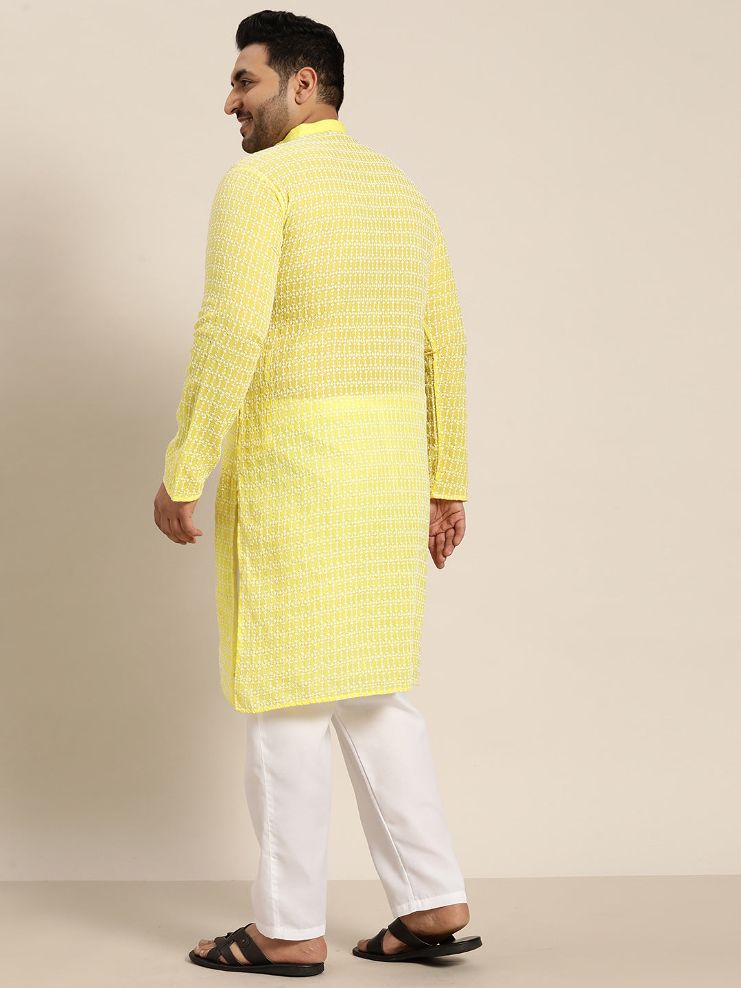 Men's Pure Cotton Yellow Kurta with White Embroidery and White Pyjama