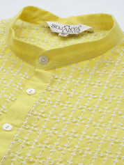 Men's Pure Cotton Yellow Kurta with White Embroidery and White Pyjama