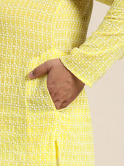 Men's Pure Cotton Yellow Kurta with White Embroidery and White Pyjama