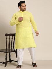 Men's Pure Cotton Yellow Kurta with White Embroidery and White Pyjama