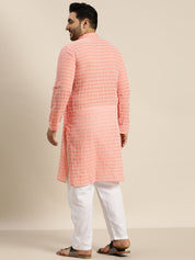 Men's Pure Cotton Peach Kurta with White Embroidery and White Pyjama