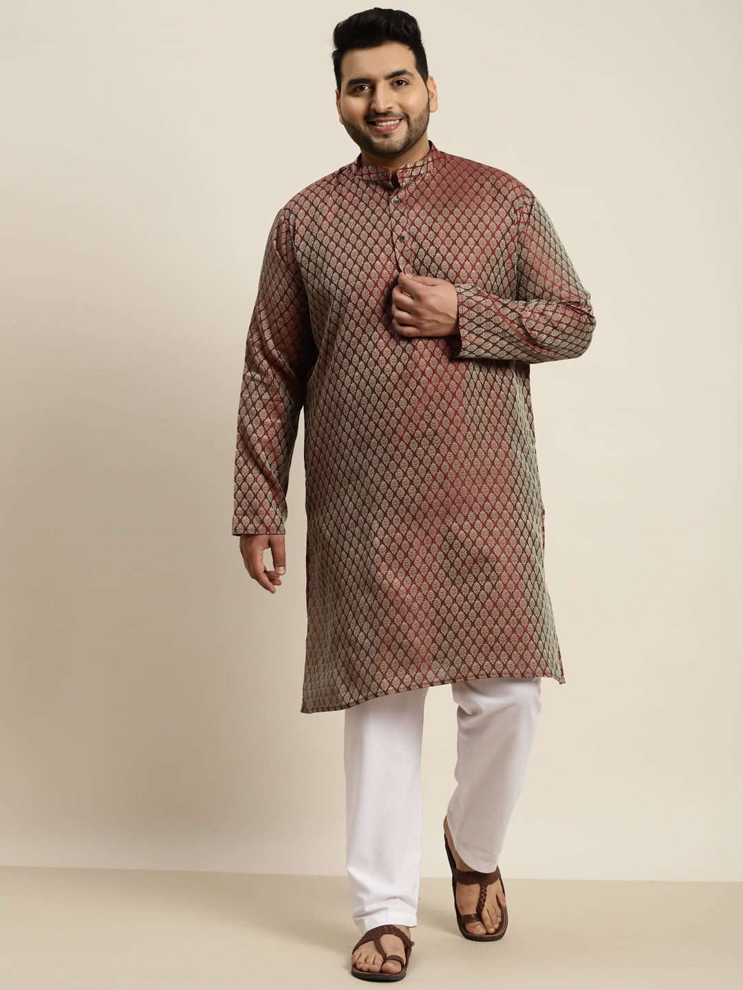 Men's Jacquard Silk Maroon Self design Kurta & Off-White Pyjama