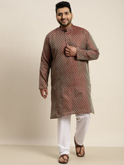 Men's Jacquard Silk Maroon Self design Kurta & Off-White Pyjama