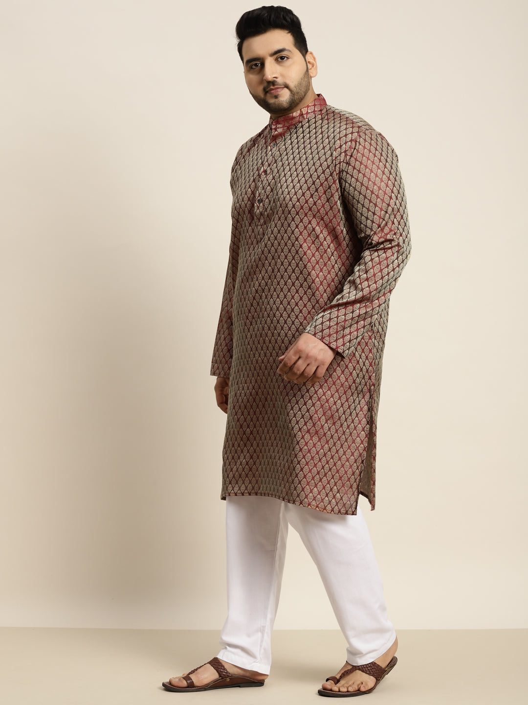 Men's Jacquard Silk Maroon Self design Kurta & Off-White Pyjama