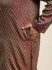 Men's Jacquard Silk Maroon Self design Kurta & Off-White Pyjama