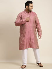 Men's Jacquard Silk Pink Self design Kurta & Off-White Pyjama