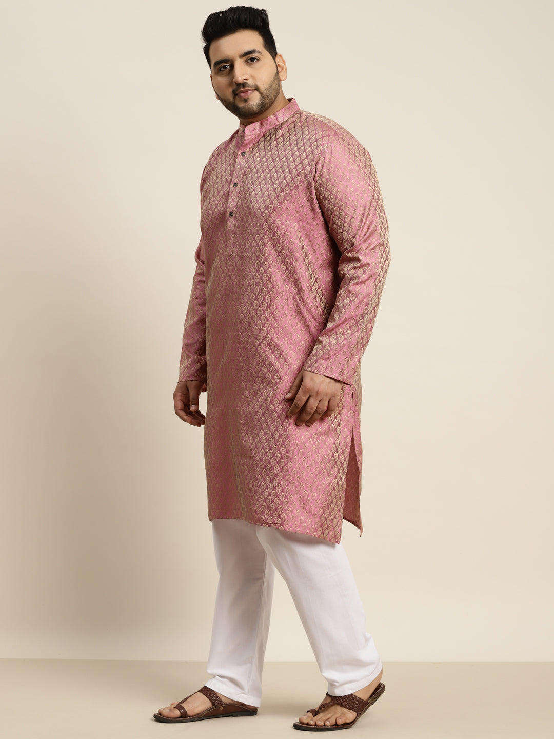 Men's Jacquard Silk Pink Self design Kurta & Off-White Pyjama