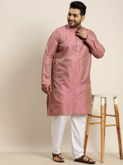 Men's Jacquard Silk Pink Self design Kurta & Off-White Pyjama