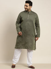 Men's Jacquard Silk Dark Green Self design Kurta & Off-White Pyjama