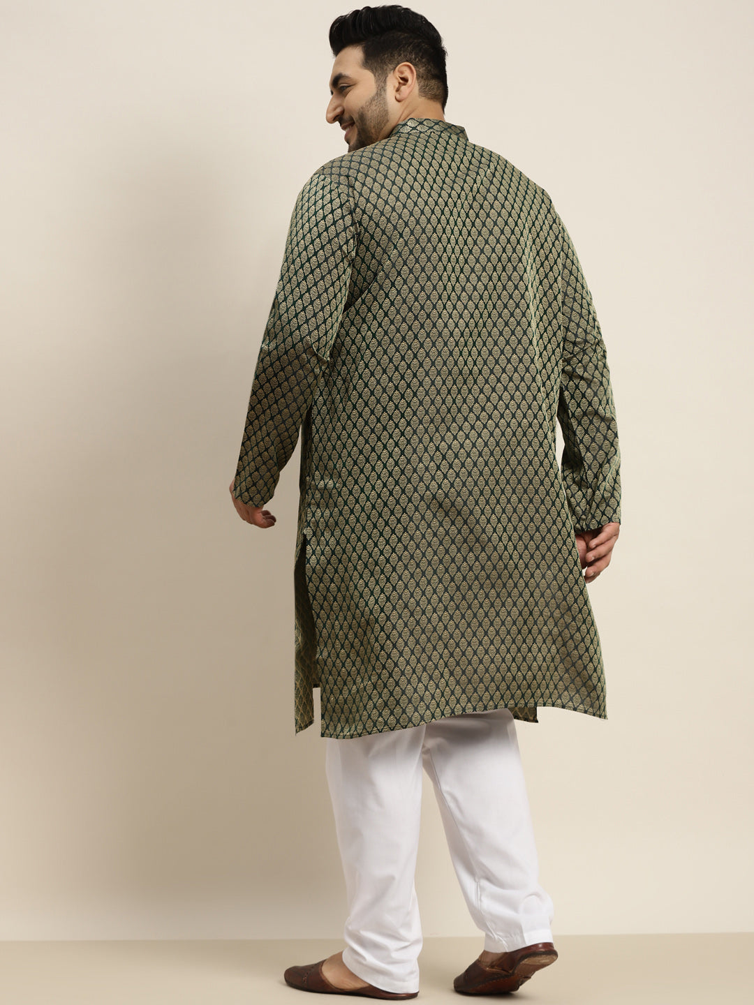 Men's Jacquard Silk Dark Green Self design Kurta & Off-White Pyjama