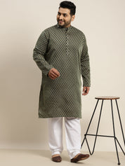 Men's Jacquard Silk Dark Green Self design Kurta & Off-White Pyjama