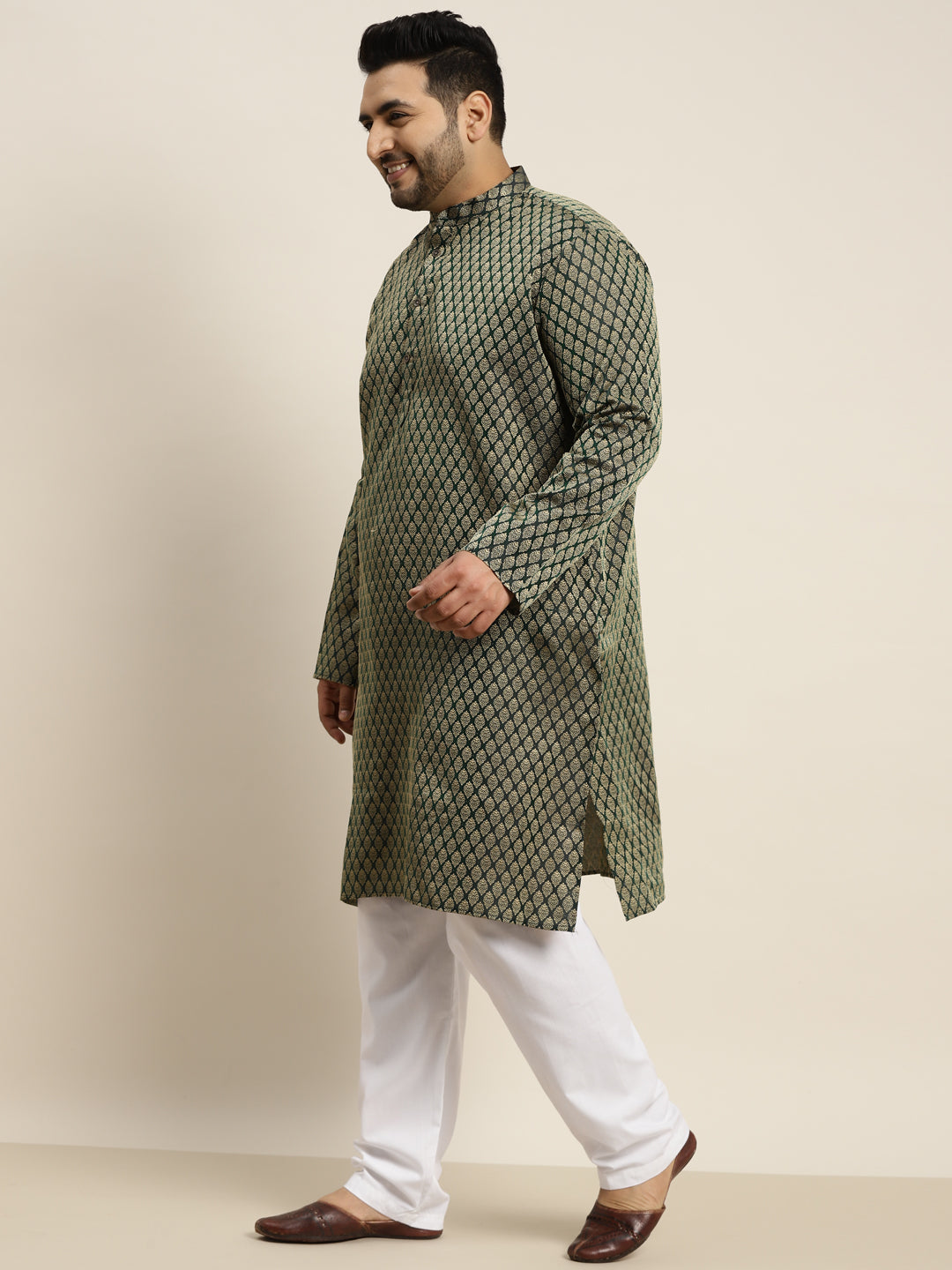 Men's Jacquard Silk Dark Green Self design Kurta & Off-White Pyjama