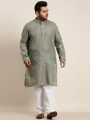 Men's Jacquard Silk Teal green Self design Kurta & Off-White Pyjama