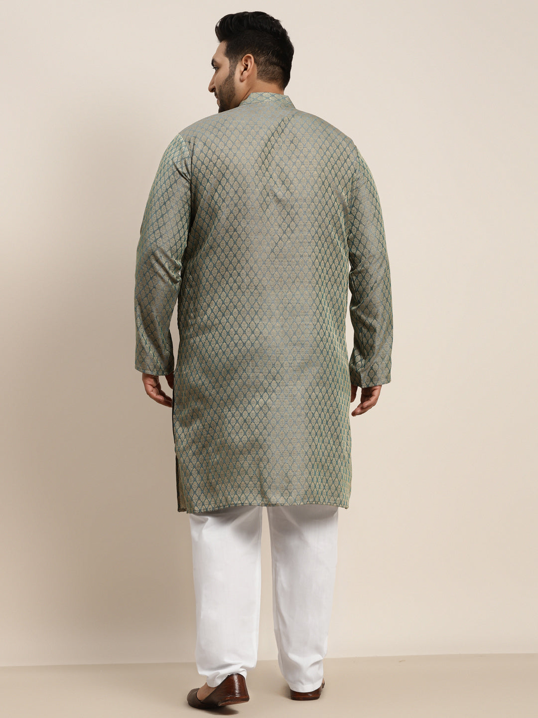 Men's Jacquard Silk Teal green Self design Kurta & Off-White Pyjama