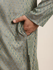 Men's Jacquard Silk Teal green Self design Kurta & Off-White Pyjama