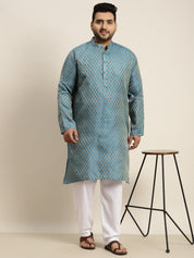 Men's Jacquard Silk Peacock blue Self design Kurta & Off-White Pyjama