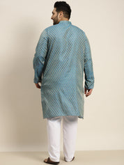 Men's Jacquard Silk Peacock blue Self design Kurta & Off-White Pyjama