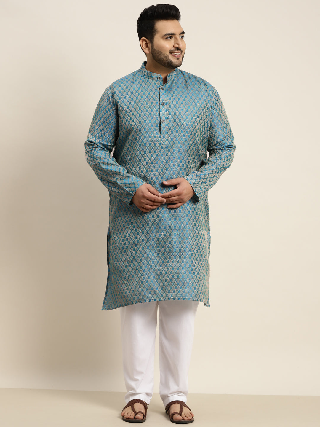 Men's Jacquard Silk Peacock blue Self design Kurta & Off-White Pyjama