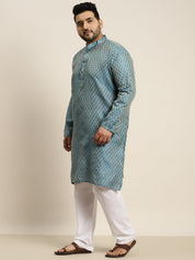 Men's Jacquard Silk Peacock blue Self design Kurta & Off-White Pyjama