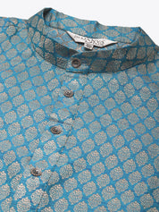 Men's Jacquard Silk Peacock blue Self design Kurta & Off-White Pyjama