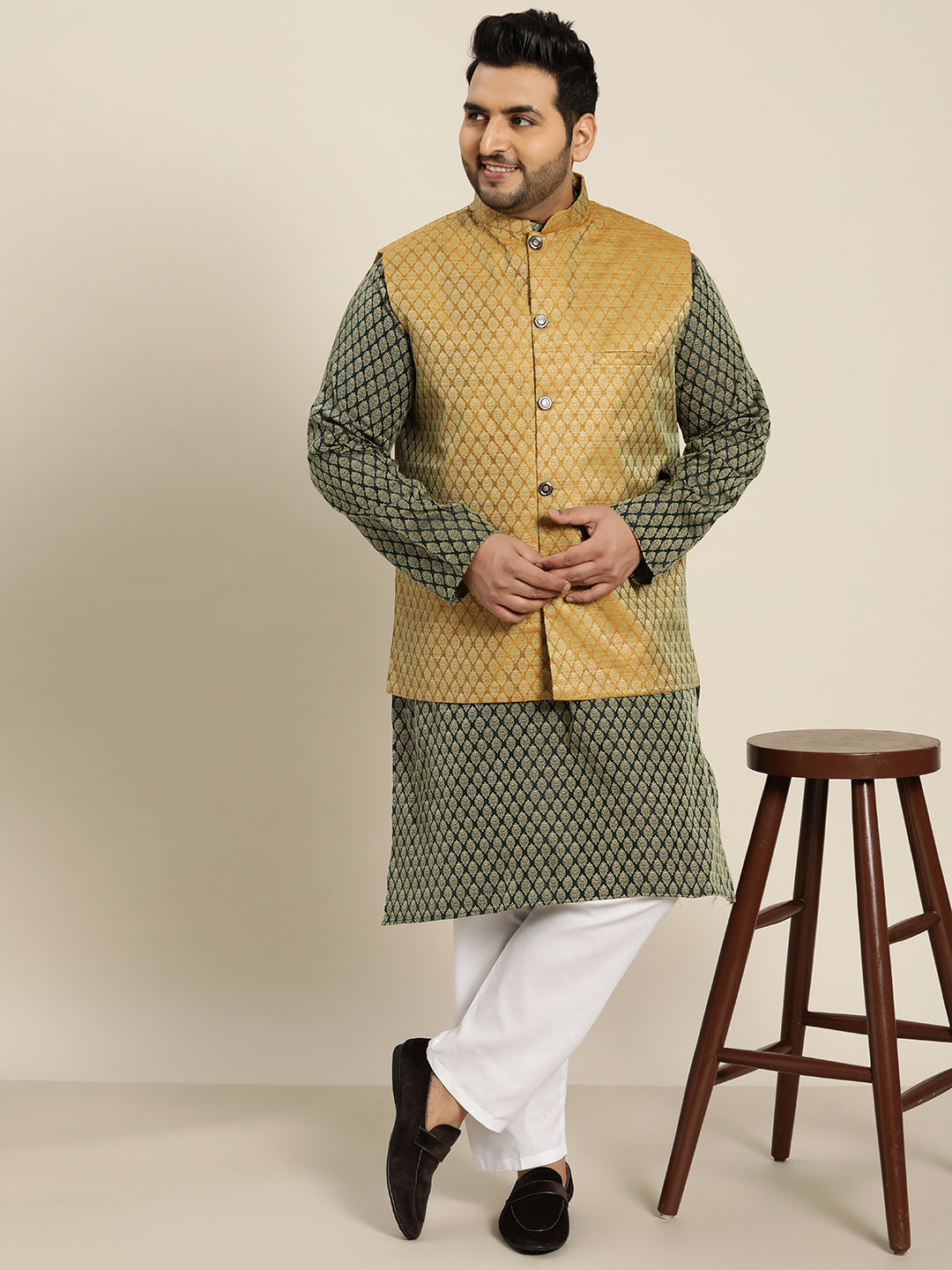 Men's Jacquard Silk Mustard Self Design ONLY Nehrujacket