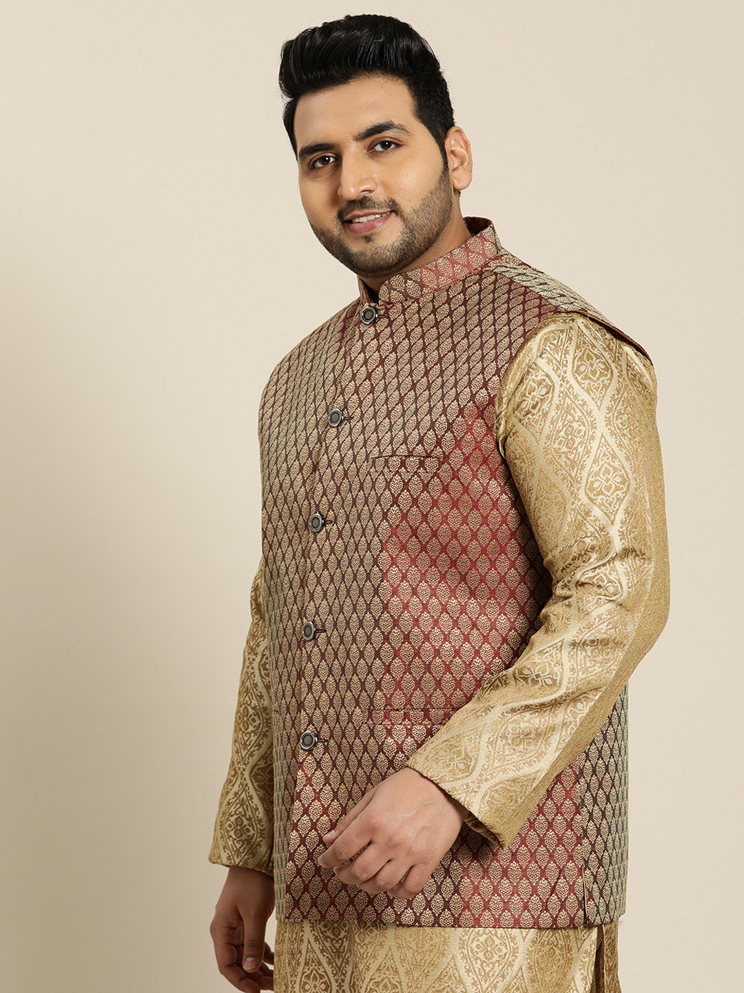 Men's Jacquard Silk Maroon Self Design ONLY Nehrujacket