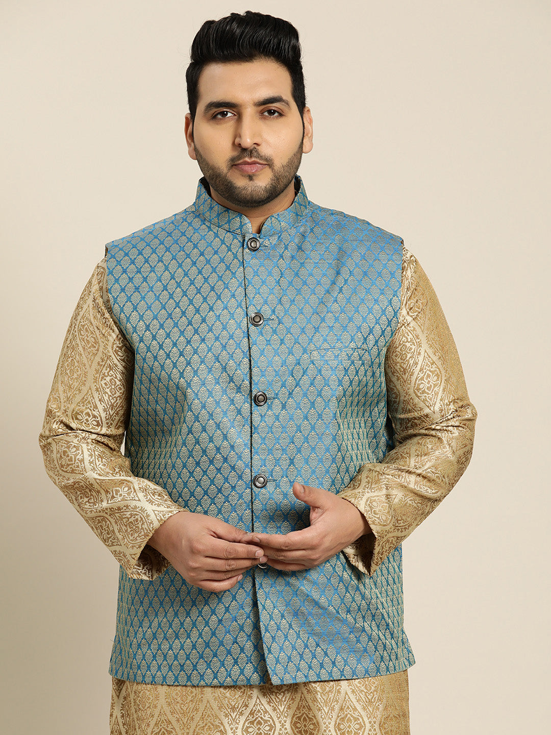 Men's Jacquard Silk Peacock Blue Self Design ONLY Nehrujacket