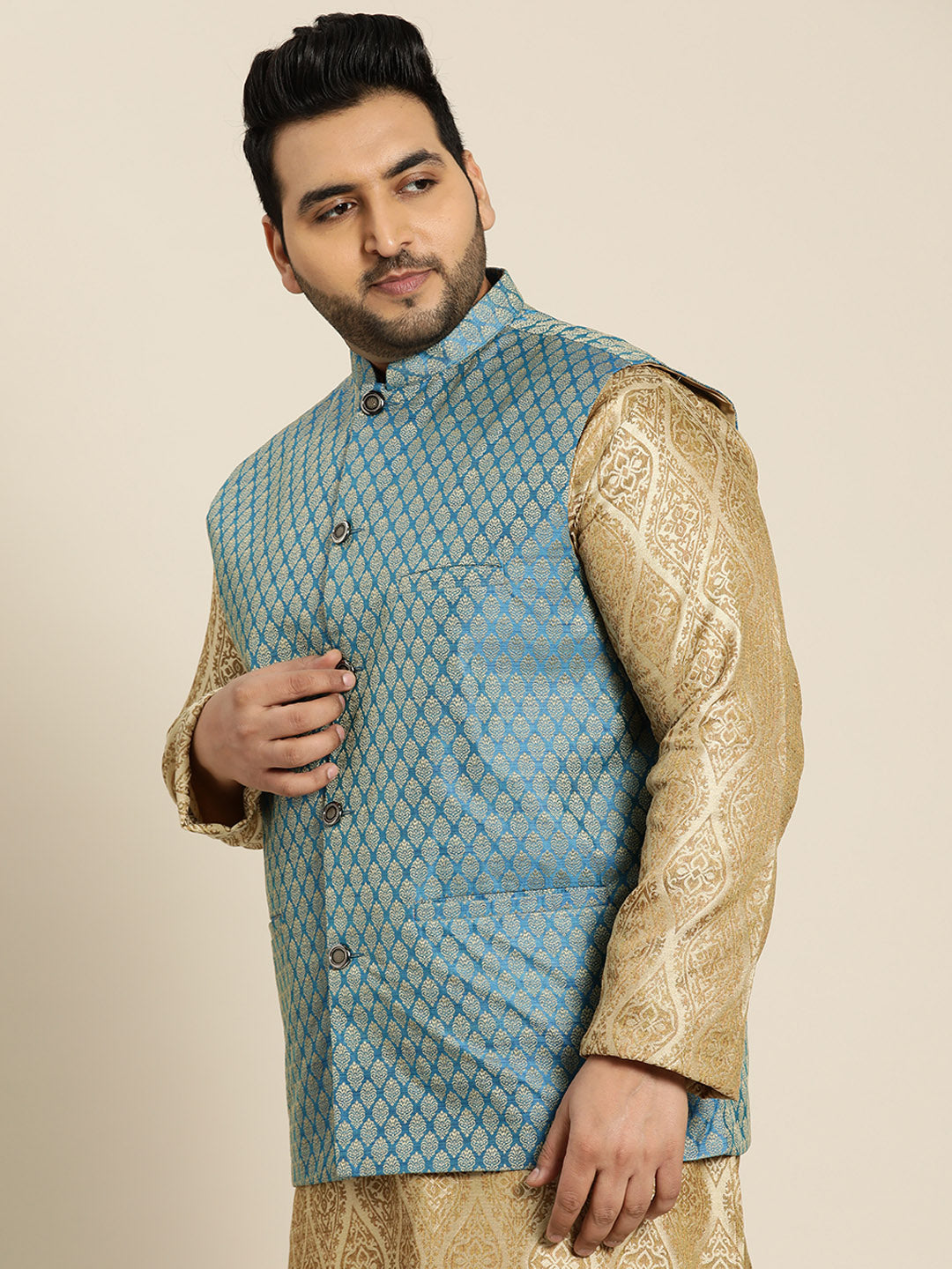 Men's Jacquard Silk Peacock Blue Self Design ONLY Nehrujacket