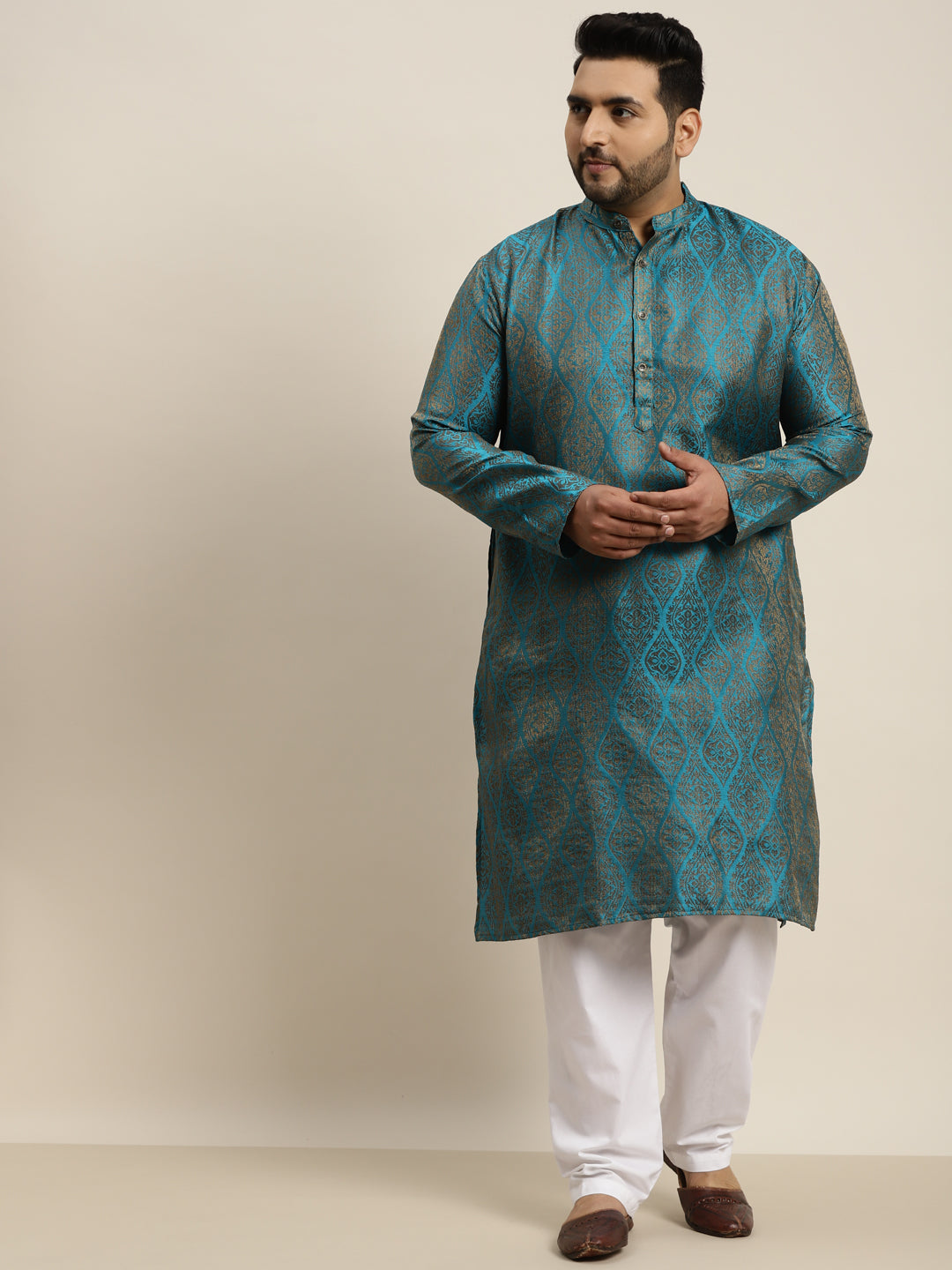 Men's Jacquard Silk Teal Blue & Gold Kurta & Off-White Pyjama