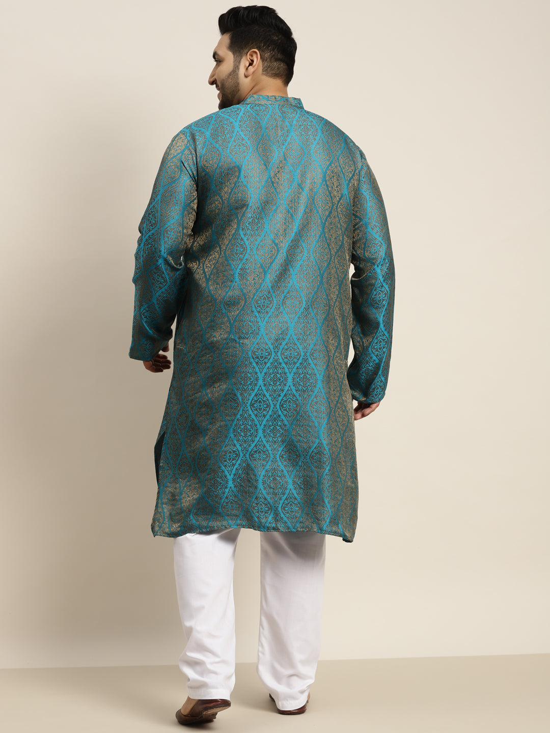 Men's Jacquard Silk Teal Blue & Gold Kurta & Off-White Pyjama