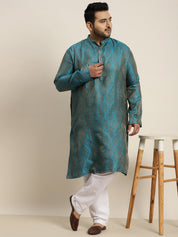 Men's Jacquard Silk Teal Blue & Gold Kurta & Off-White Pyjama