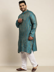 Men's Jacquard Silk Teal Blue & Gold Kurta & Off-White Pyjama