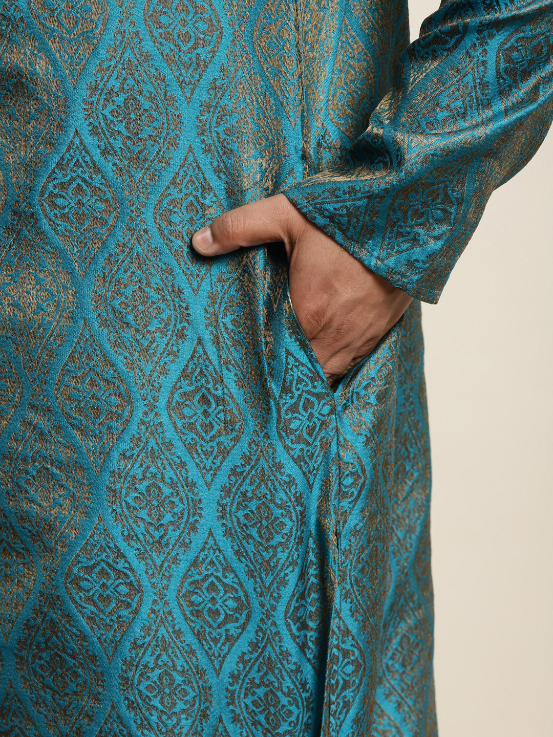 Men's Jacquard Silk Teal Blue & Gold Kurta & Off-White Pyjama