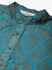 Men's Jacquard Silk Teal Blue & Gold Kurta & Off-White Pyjama