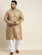 Men's Jacquard Silk Beige & Gold Kurta & Off-White Pyjama