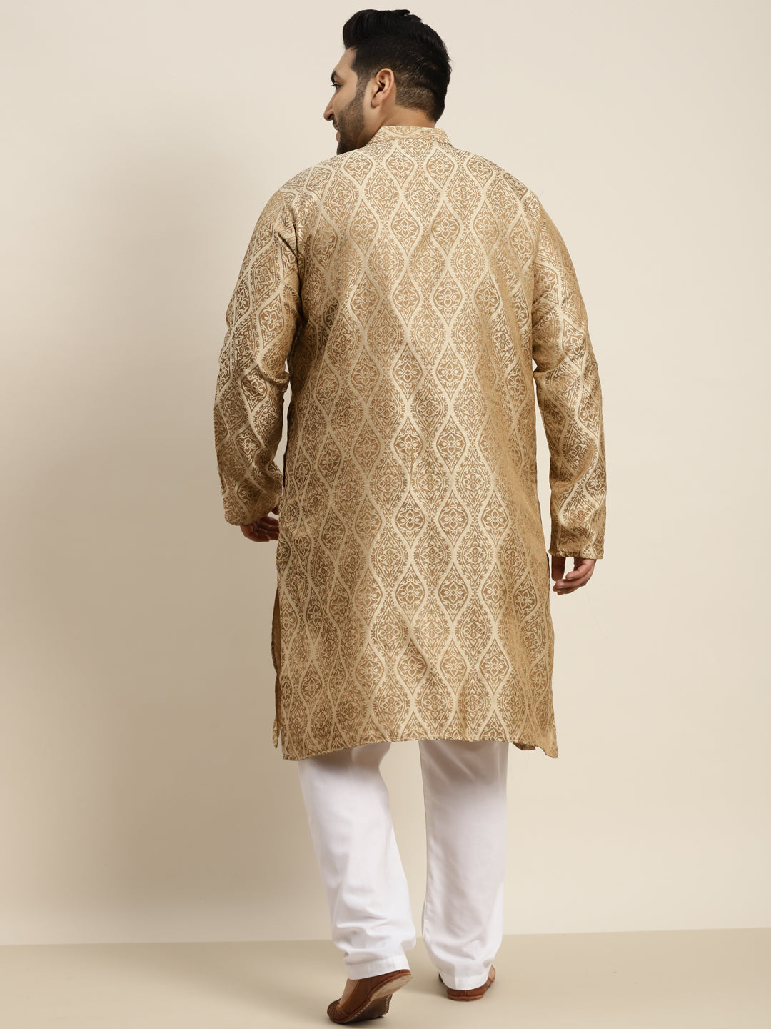 Men's Jacquard Silk Beige & Gold Kurta & Off-White Pyjama