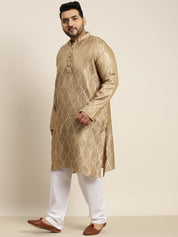 Men's Jacquard Silk Beige & Gold Kurta & Off-White Pyjama