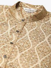 Men's Jacquard Silk Beige & Gold Kurta & Off-White Pyjama