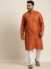 Men's Jacquard Silk Orange & Gold Kurta & Off-White Pyjama