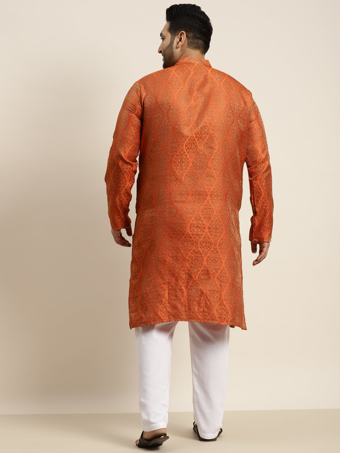 Men's Jacquard Silk Orange & Gold Kurta & Off-White Pyjama