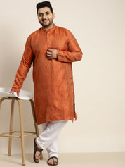 Men's Jacquard Silk Orange & Gold Kurta & Off-White Pyjama