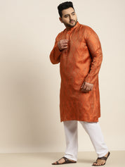 Men's Jacquard Silk Orange & Gold Kurta & Off-White Pyjama