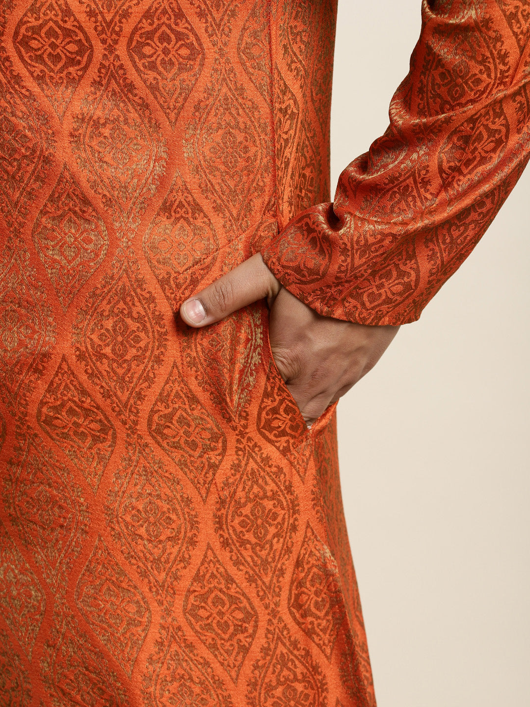 Men's Jacquard Silk Orange & Gold Kurta & Off-White Pyjama