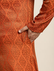 Men's Jacquard Silk Orange & Gold Kurta & Off-White Pyjama