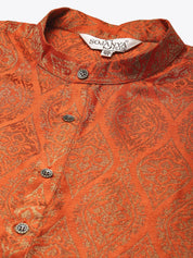 Men's Jacquard Silk Orange & Gold Kurta & Off-White Pyjama