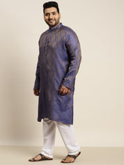 Men's Jacquard Silk Blue & Gold Kurta & Off-White Pyjama