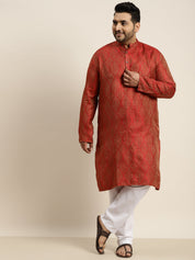 Men's Jacquard Silk Red & Gold Kurta & Off-White Pyjama