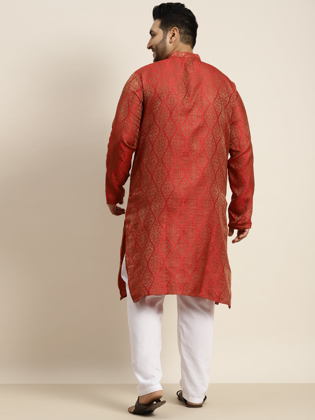 Men's Jacquard Silk Red & Gold Kurta & Off-White Pyjama