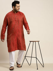 Men's Jacquard Silk Red & Gold Kurta & Off-White Pyjama